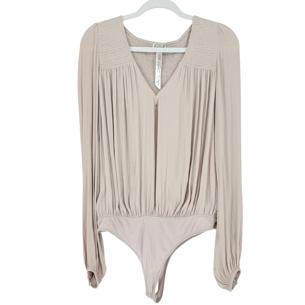 Intimately Free People Beige Mauve Smocked V-Neck Long Sleeve Bodysuit M Silky